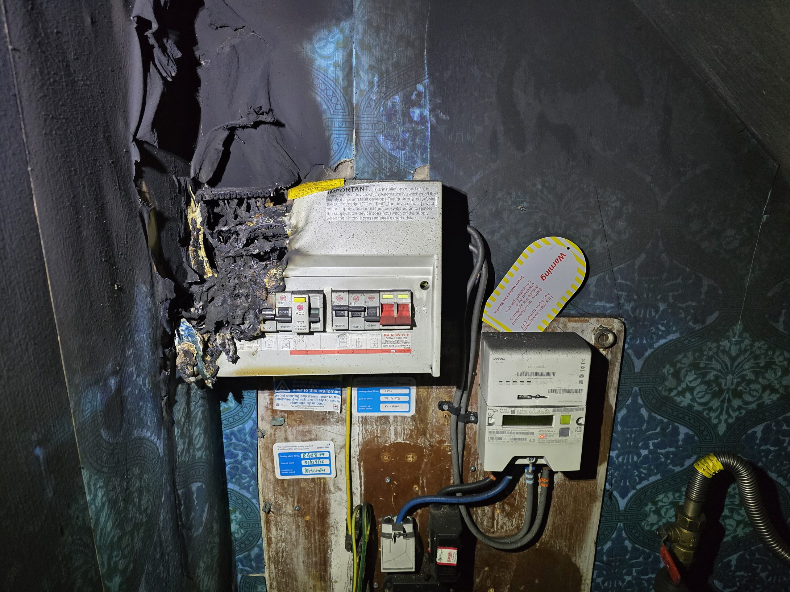 Fire damaged consumer unit found during electrical fault investigation by CAG Electrical Ltd