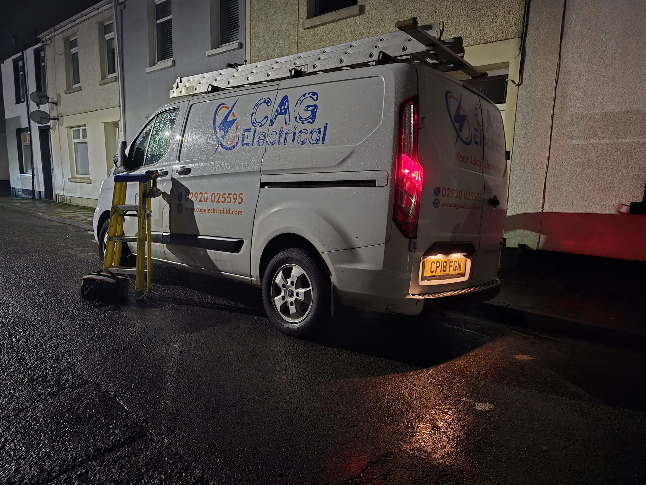 CAG Electrical Ltd company van attending an emergency electrical call-out at night